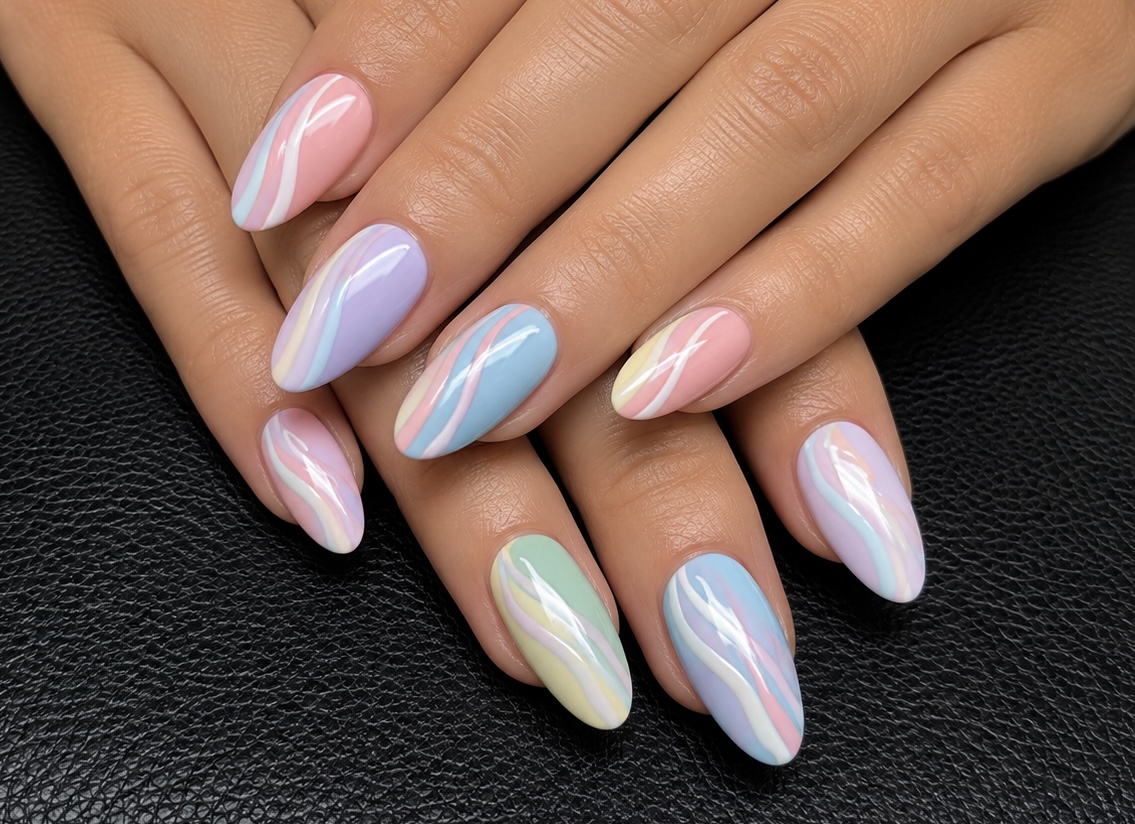 Pastelkleurige amandelnagels met een parelmoerglans